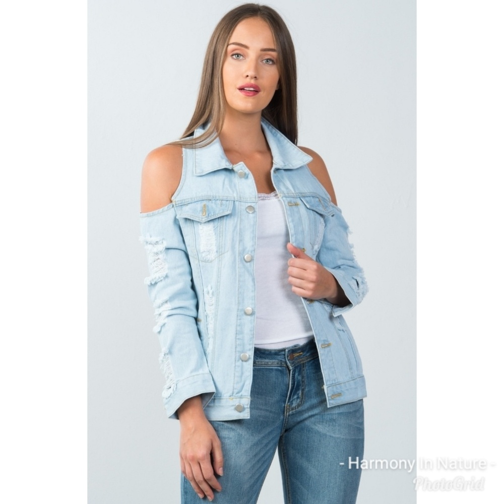 Cold Shoulder Distressed Denim Jacket - Picture 2 of 8